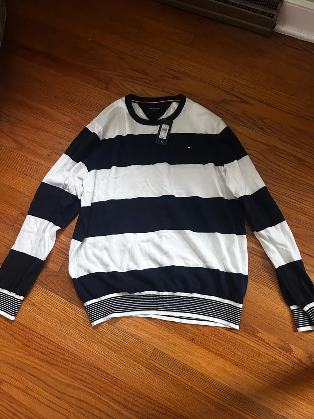 Tommy Hilfiger Navy and White Wide-Stripe Crewneck Sweater